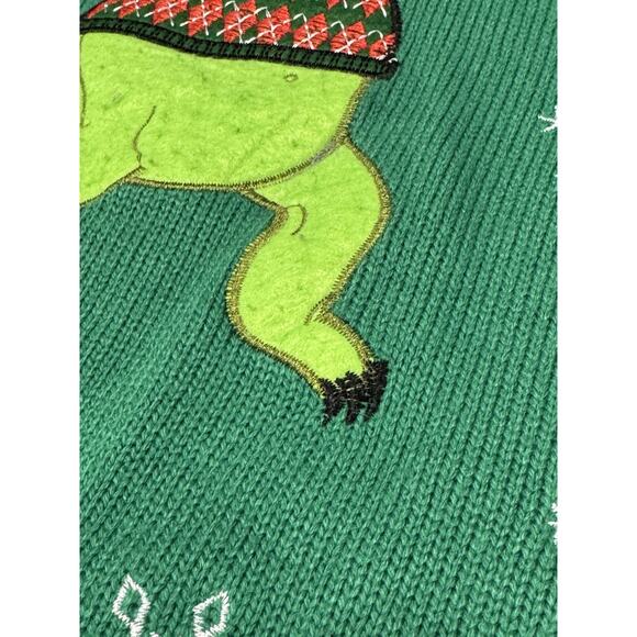 Vintage Jolly Sweaters Large Green Christmas Disco Dancing T-Rex Sweater - Picture 6 of 14